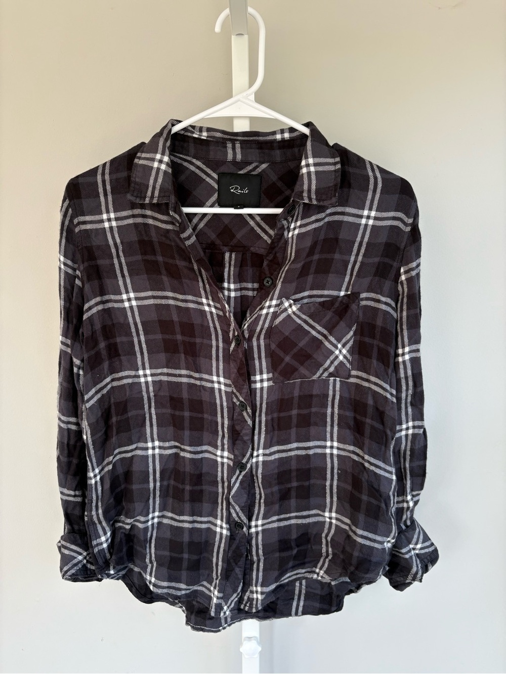 Rails Hunter Plaid Button Down Shirt Black Silver Long Sleeve Size S